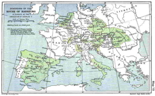 mapa del imperio español en europa con carlos i de españa y V de alemania