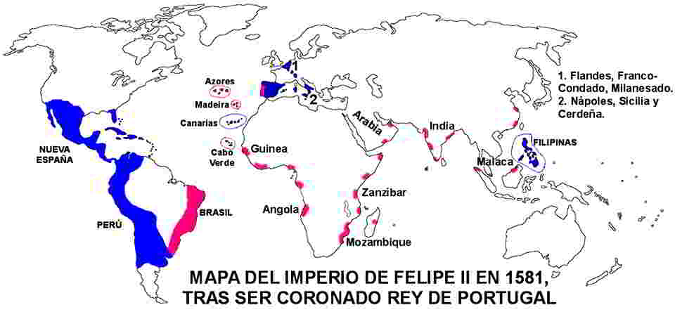 mapa imperio español de felipe ii tras la conquista de portugal