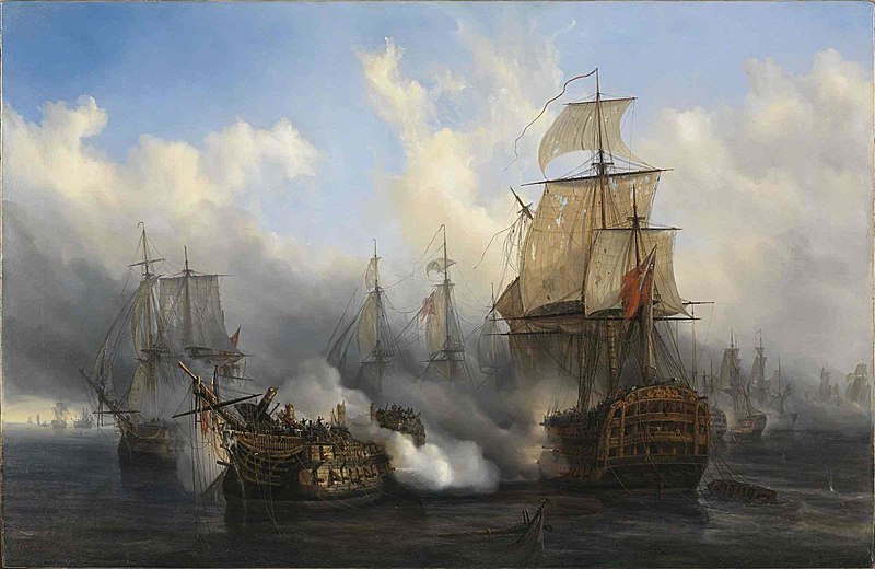 Auguste Mayer (1836) pintó este óleo, que representa al Bucentaure recibiendo una andanada del HMS Sandwich durante la batalla de Trafalgar